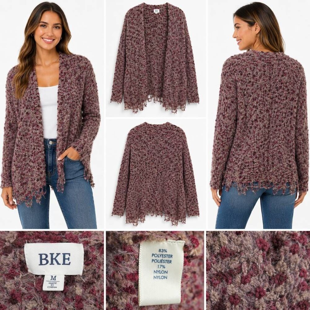 BKE Burgundy Open Knit Cardigan Women’s Medium Fringe Hem
